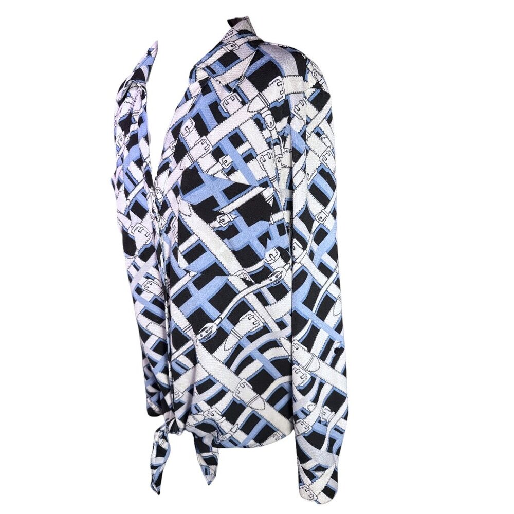 Jones New York Womens Button Up Blouse Tie Front Black Blue Patterned Size M - Picture 4 of 10